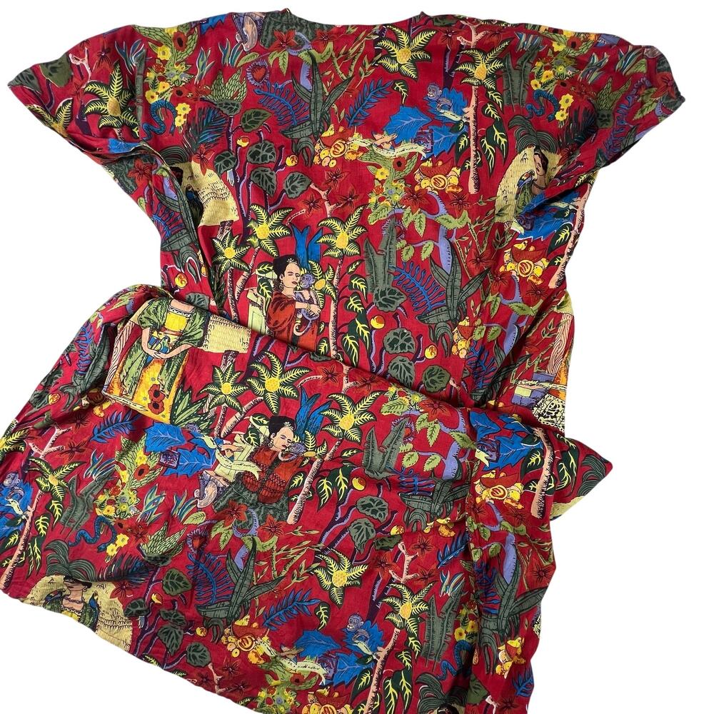 Frida Kahlo Print Kaftan Maxi Dress One Size Red Cotton Resort Caftan Cover Up - Picture 5 of 16
